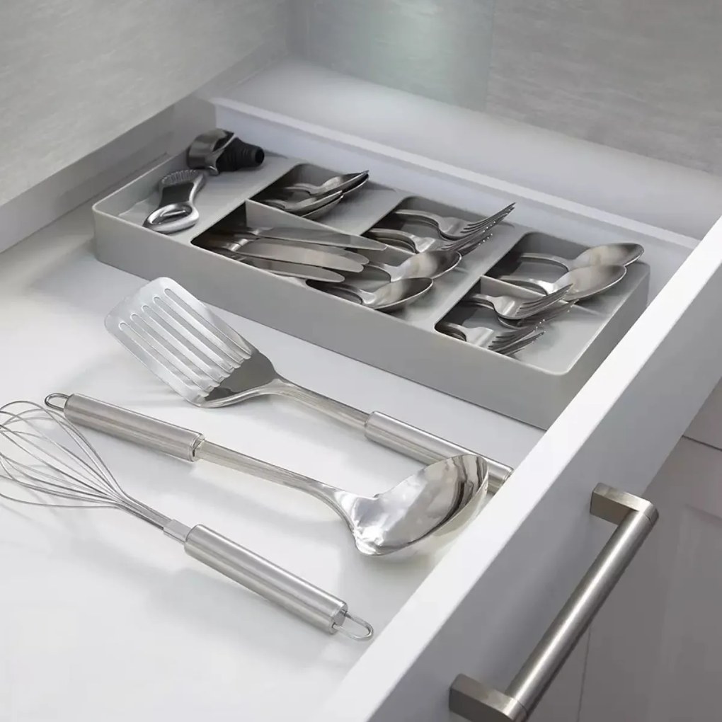 Organizér do úzkého šuplíku na příbory, příborník 7 přihrádek, plastový, šedý - 40 x 16 cm