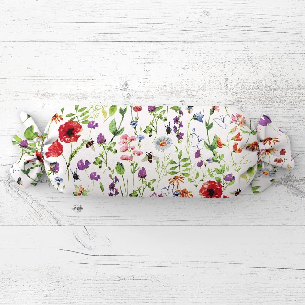 Biante Vankúš valec bonbon Sandra SA-608 Červeno-fialové lúčne kvety s motýlikmi a čmeliakmi na bielom 15x40 cm
