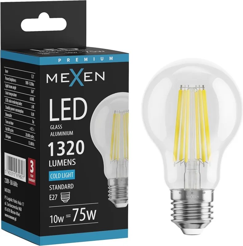 Mexen Vintis, LED filamentová žiarovka E27, A60, 10 W, studená biela 6500K, číra, L150-E27-1065-00