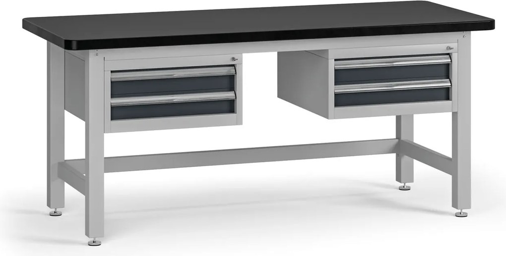 Pracovný stôl do dielne G4 s 2 závesnými boxami na náradie, MDF + PVC doska, 4 zásuvky, 1800 x 750 x 800 mm, grafit