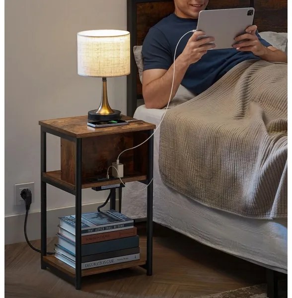 Odkladací stolík s vstavanými zásuvkami a USB portami ROD hnedá/čierna