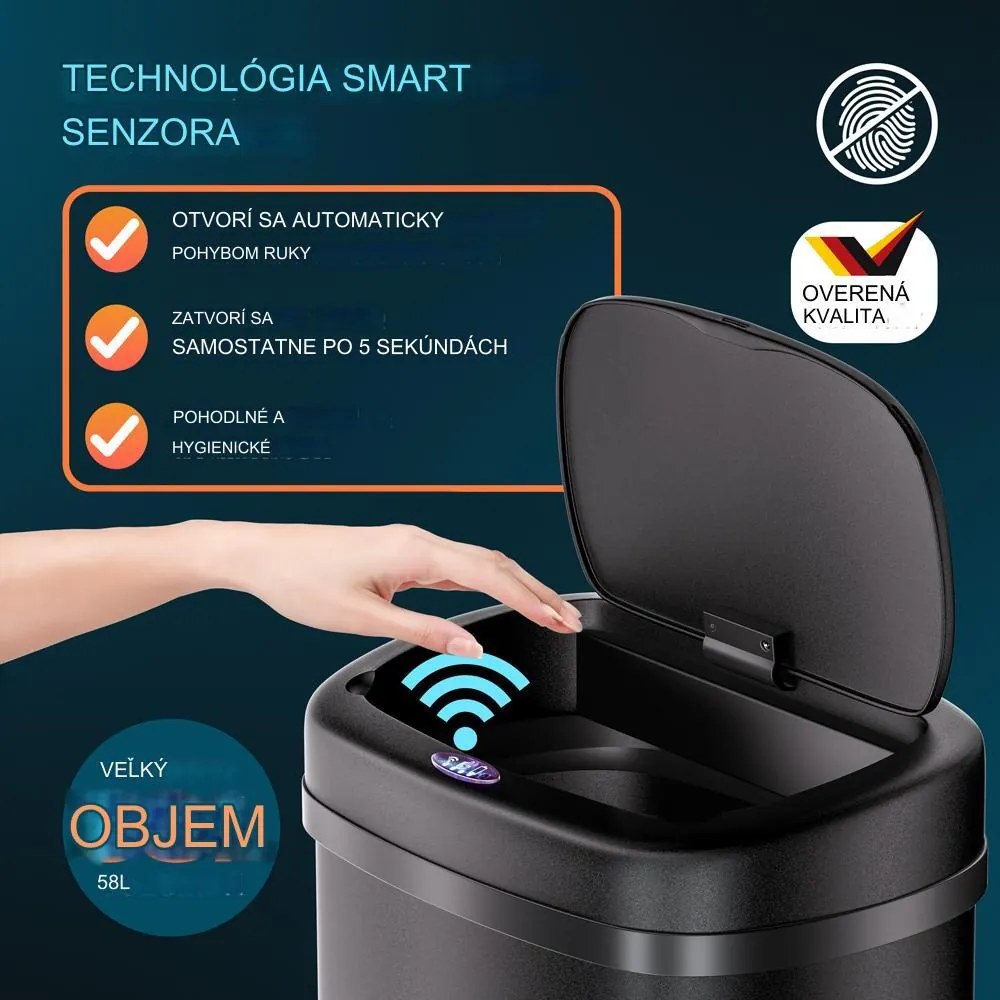 InternetovaZahrada Bezdotykový hranatý odpadkový kôš s USB 58l - čierny