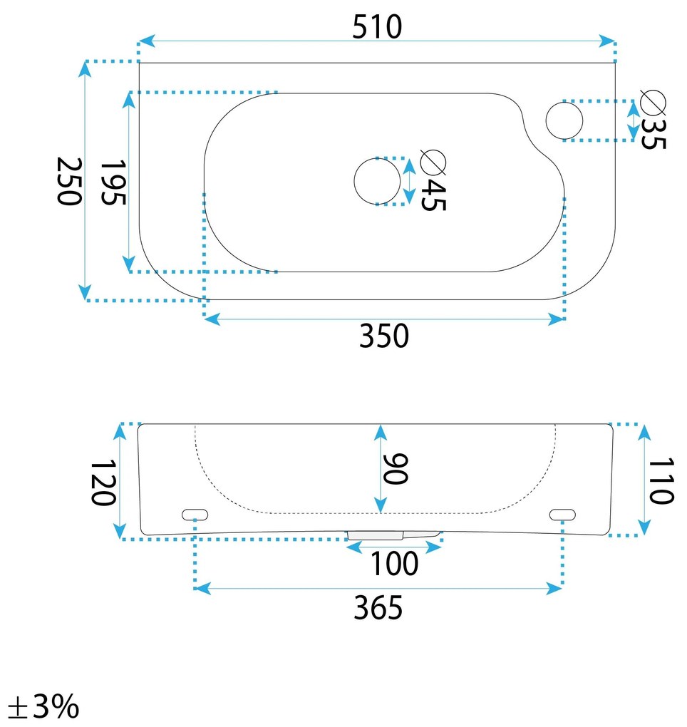 Rea Odetta, umývadlo na dosku/nástenné 510x250x115 mm, biela lesklá, REA-U3610