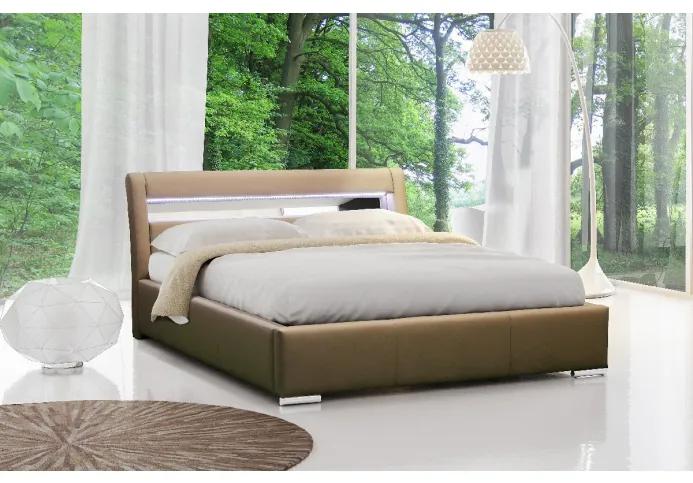 Čalúnená posteľ Lexi s úložným priestorom a osvetlením svetlo hnedá eko koža 200 x 200