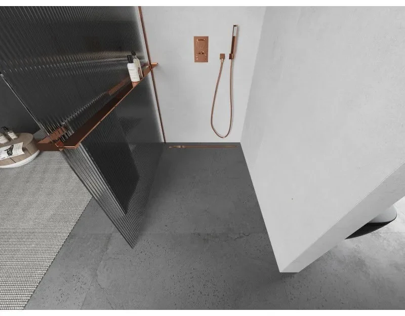 Mexen Kioto+ L, sprchová zástena Walk-In s poličkou a vešiakom 70 x 200 cm, 8mm sklo s rebrovým vzorom, ružové zlato profil, 800-070-123-60-09