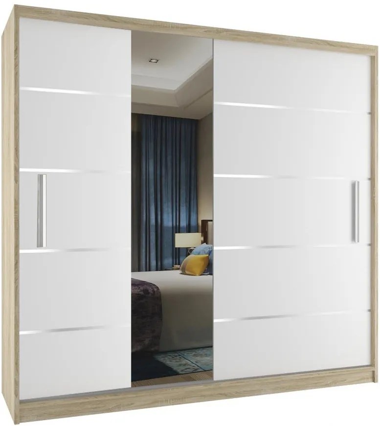 Moderní šatní skříň s posuvnými dveřmi zrcadlem šířka 200 cm dub sonoma korpus S dojezdem