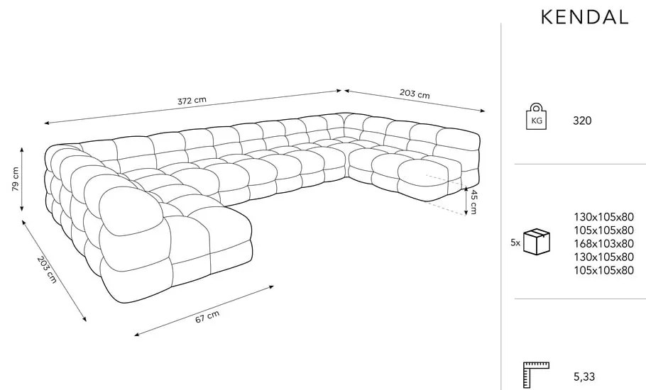 Sivá zamatová rohová pohovka (do "U") Kendal - Micadoni Home