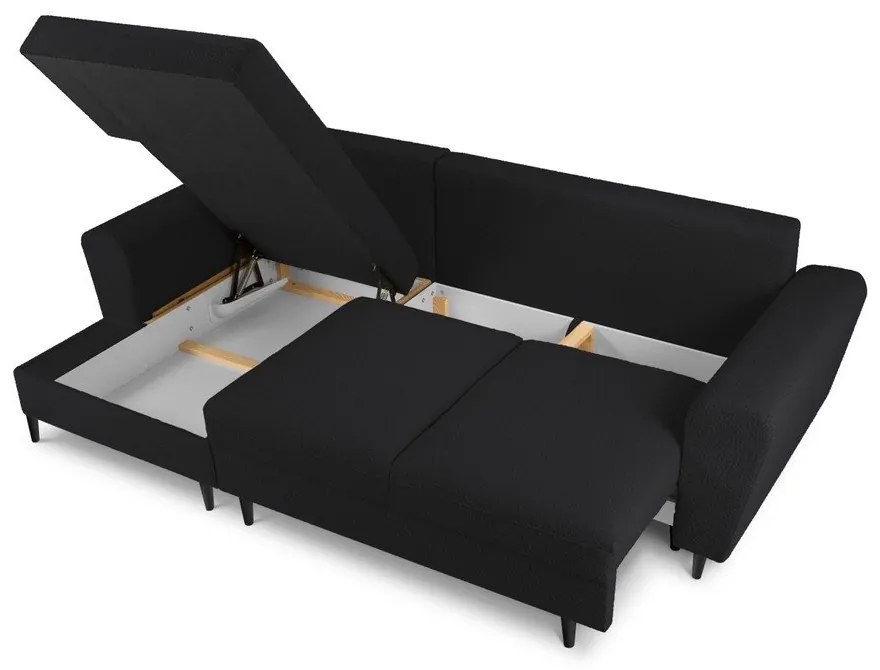 Čierna rozkladacia/s úložným priestorom rohová pohovka z textílie buklé (ľavý roh/s leňoškou) Kyoto – Cosmopolitan Design