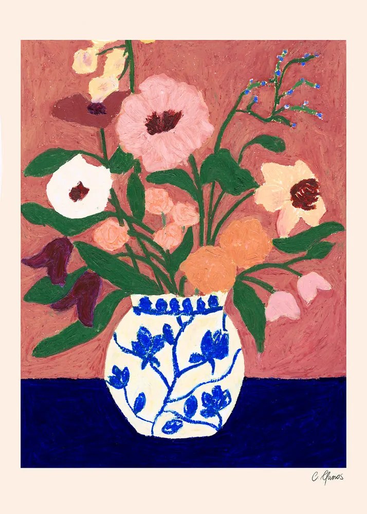 Moikka Plagát Flowers on Blue Table by Carla Llanos 30x40 cm