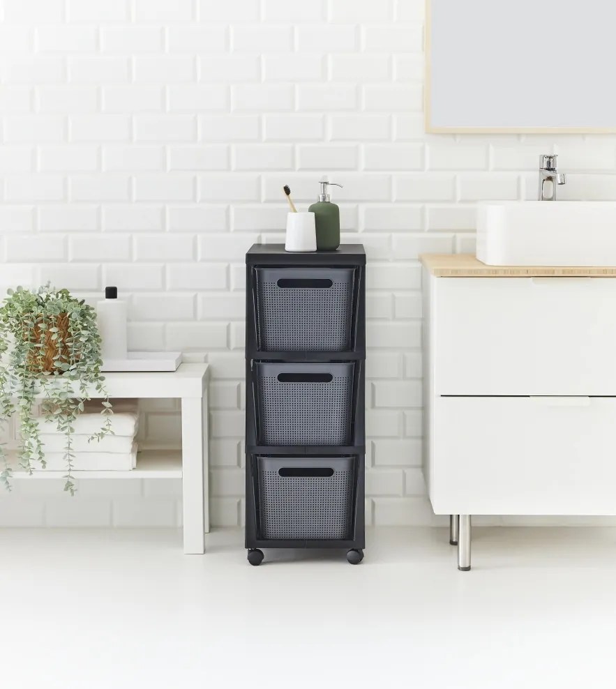 Rotho Pojazdný stojan, regál s 3 košíkmi, BRISEN TOWER, čierna/antracit