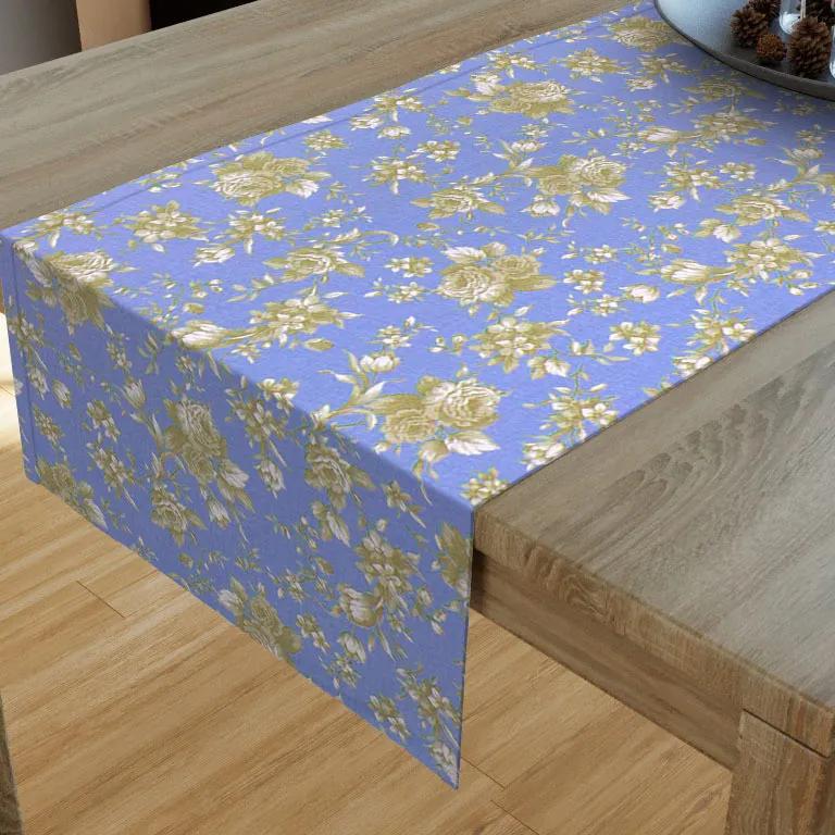 Goldea bavlnený behúň na stôl mestral - vzor zlatisté kvety na modrom 35x180 cm