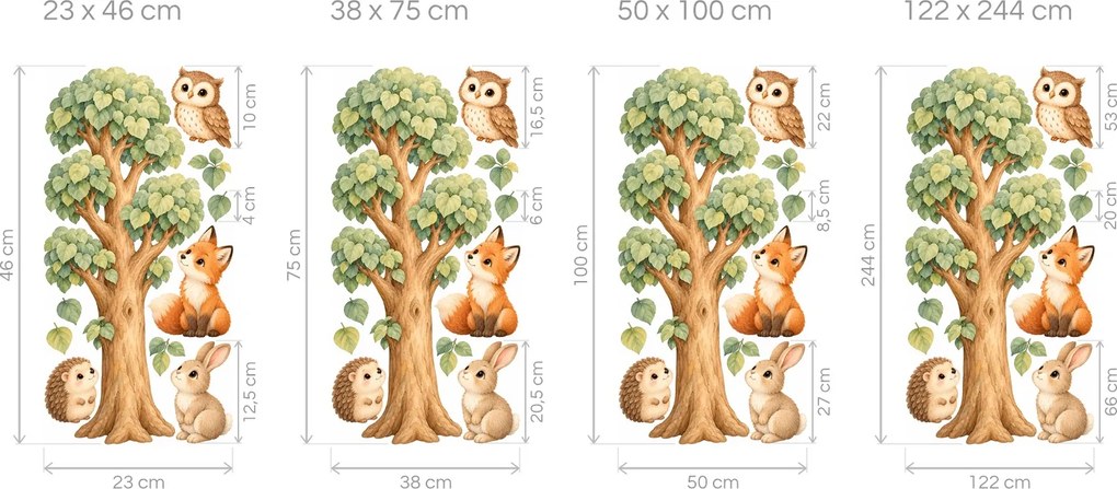 Lipa a lesné zvieratká detské akvarelové nálepky so stromom na stenu arch 23 x 46 cm