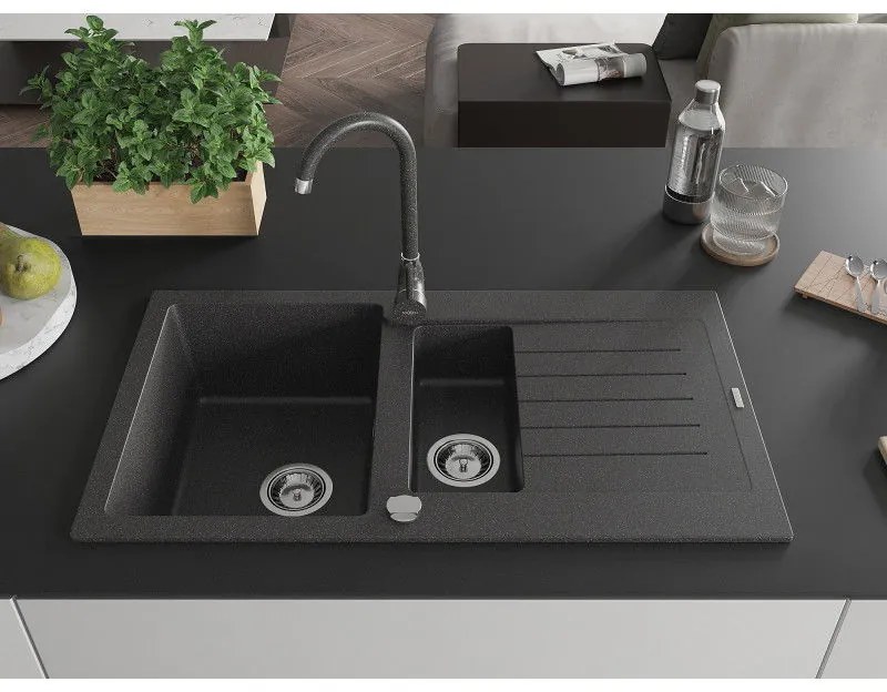 Mexen Matias, 1,5-komorový granitový drez s odkvapkávačom 90x50 cm a kuchynskou batériou Telma, čierna so sriebornými bodkami, 6502-76-670200-76