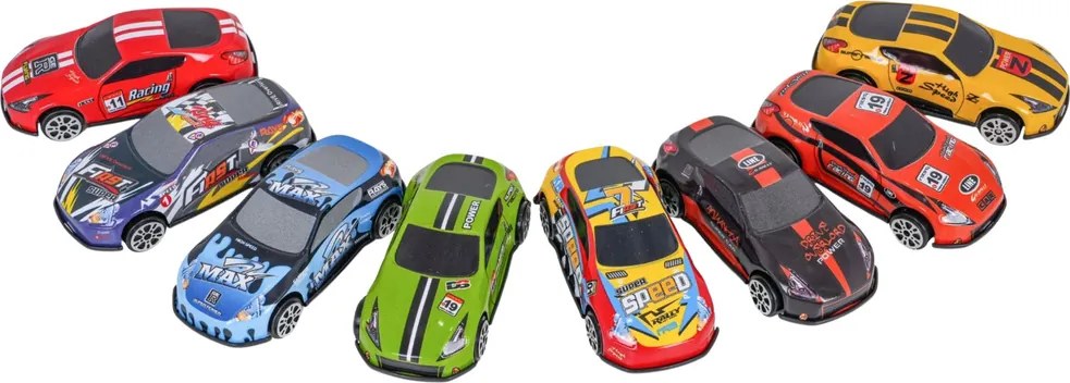 LEAN Toys Parkovisko s autíčkami, 4-poschodová dráha, 8 kovových vozidiel, nálepky