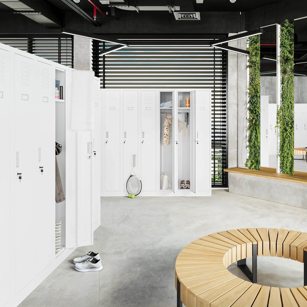 Kovová šatňová štvormodulová skriňa na sokli s policou KACPER II, 600 x 1800 x 500 mm, biela