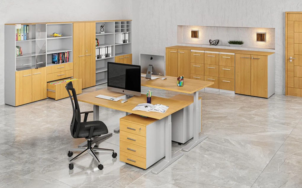 Kombinovaná kancelárska skriňa PRIMO GRAY, nízke dvere, 800 x 500 x 1781 mm, sivá/buk