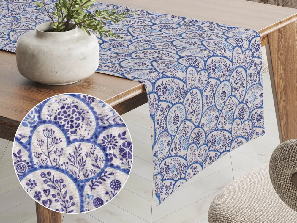 Biante Dekoračný behúň na stôl Leona LN-080 Modrobiele ľudové ornamenty 20x140 cm