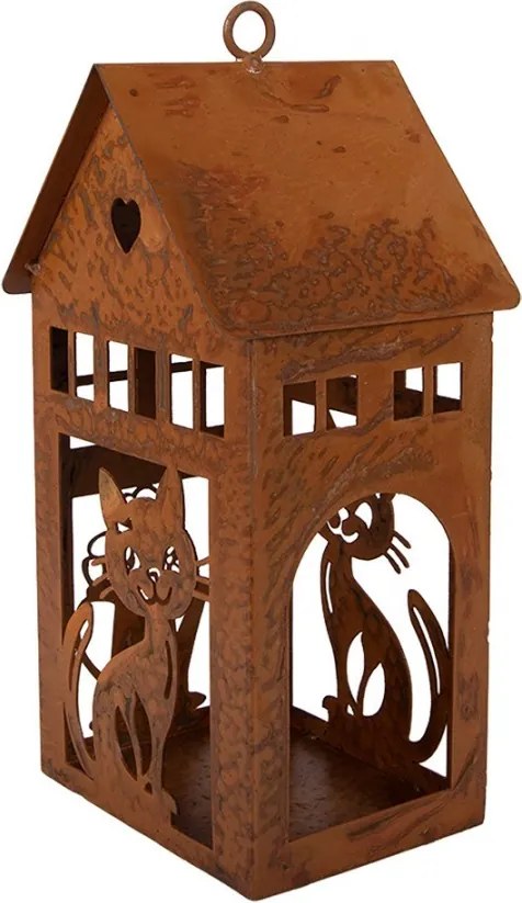 Hrdzavý svietnik v tvare domčeka s mačkami Rustic Charm - 10*11*20 cm