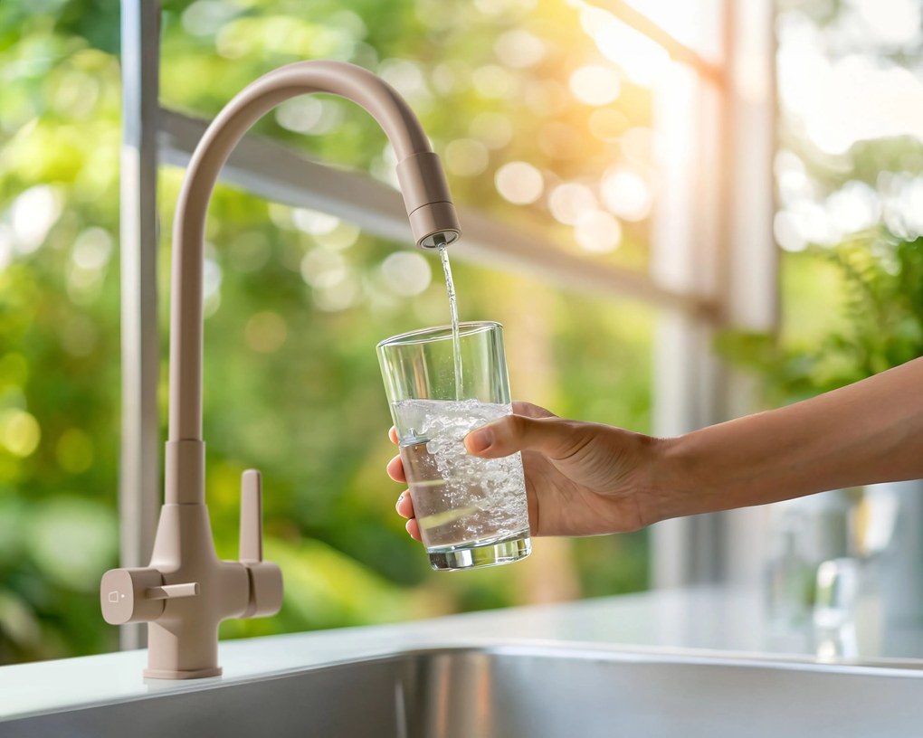Invena Magic, stojanková drezová batéria s flexibilným ramenom a filtrom na pitnú vodu, béžová matná, INV-BZ-02-F03-V
