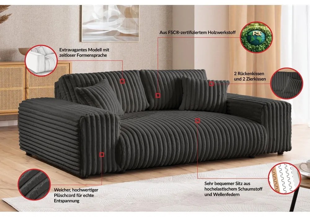 Tmavosivá menčestrová pohovka 213 cm Justin – Ropez