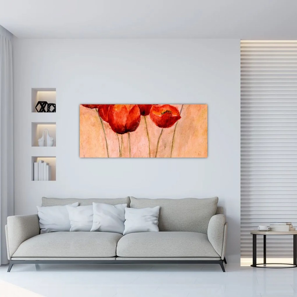 Obraz - Červené tulipány (120x50 cm)