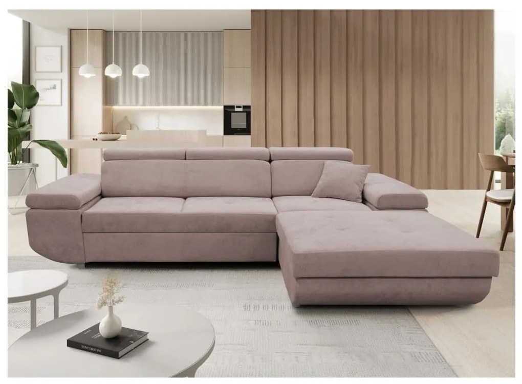 Rozkladacia pravá rohová sedacia súprava v tvare L CASTELO, béžová, s úložným priestorom