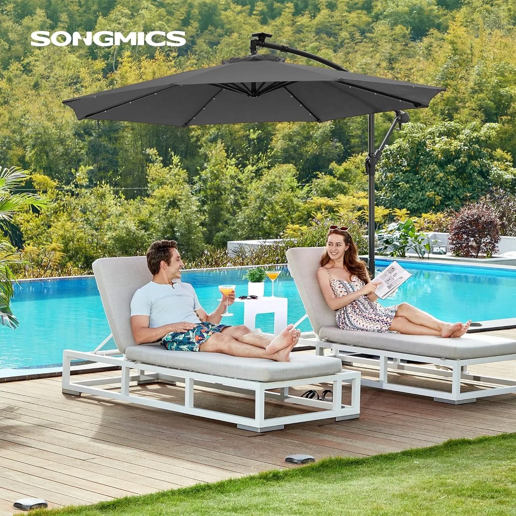 Konzolový záhradný slnečník so solárnymi LED svetlami, s ochranou UPF 50+, sivá farba