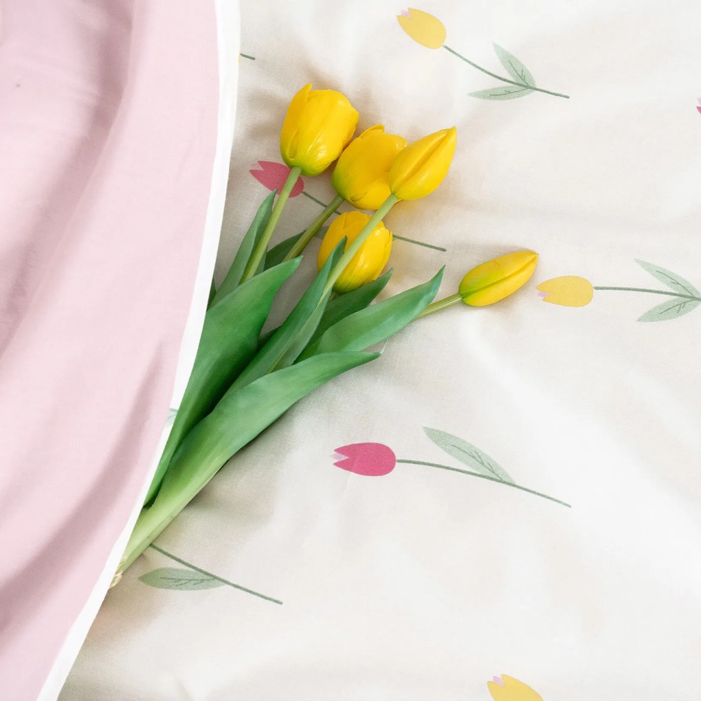Goldea bavlnené posteľné obliečky duo - tulipány s púdrovo ružovou 150 x 200 a 50 x 60 cm