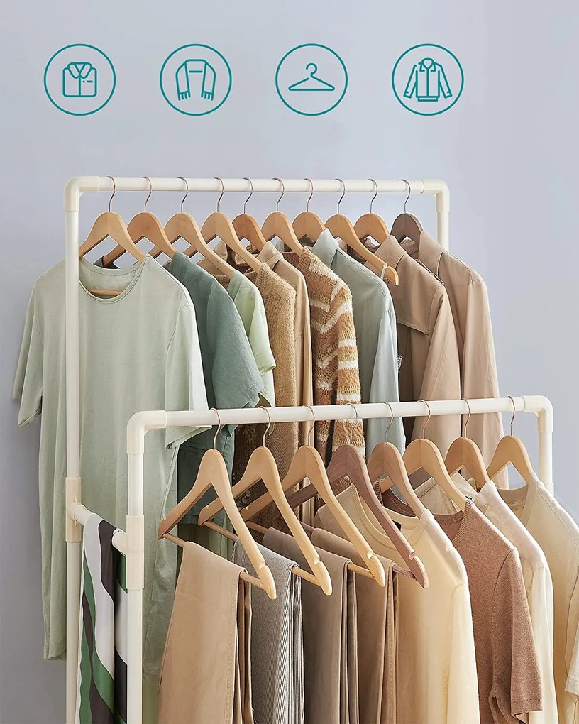 Stojan na šaty s kolieskami, 2 závesné tyče, 1 polica, 162x83x45cm, biely