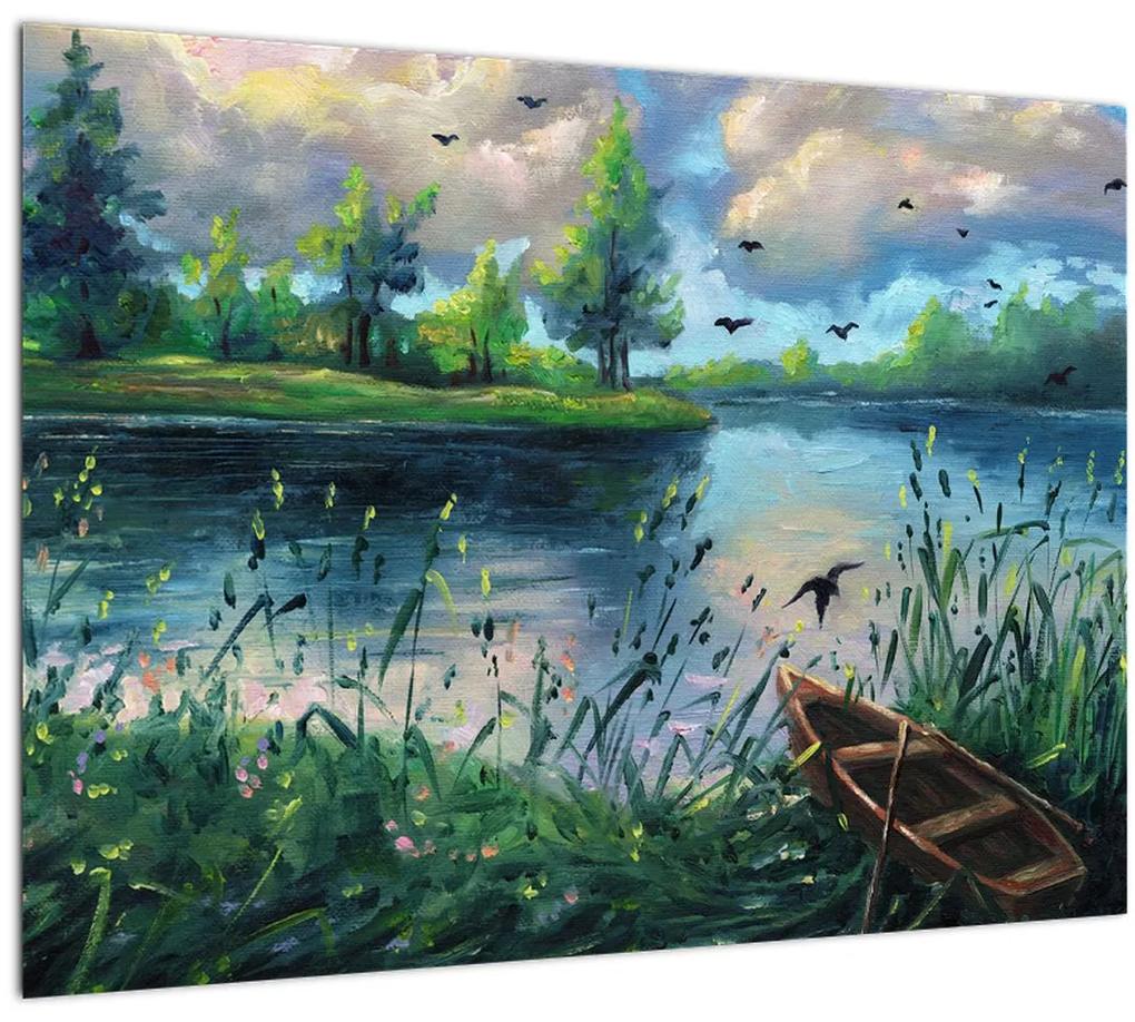 Sklenený obraz - Olejomaľba, Letný podvečer pri jazere (70x50 cm)