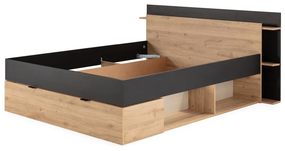 Dvojlôžková posteľ v dekore duba s úložným priestorom bez roštu v čierno-prírodnej farbe 160x200 cm Albo – Marckeric