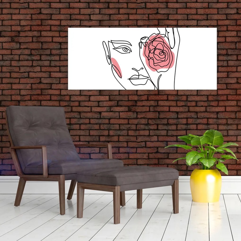 Obraz - Line art tvár s ružou (120x50 cm)