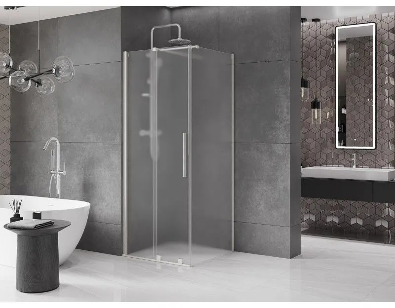 Mexen Velar, sprchový kút s posuvnými dverami 90 x 90 cm, 8mm sklo námraza, brúsená oceľ, 871-090-090-31-97