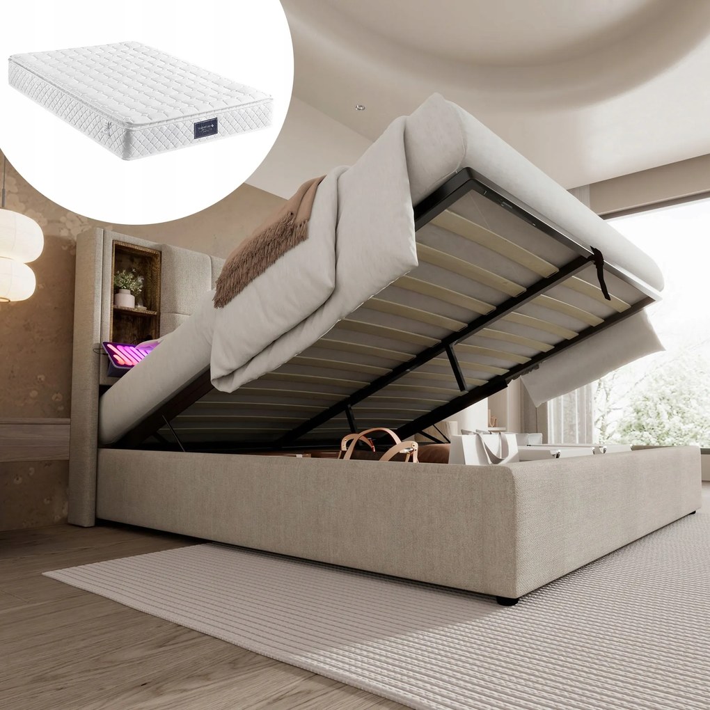 Čalúnená posteľ 160×200 Dvojlôžková posteľ Usb-c hydraulická béžová matrac