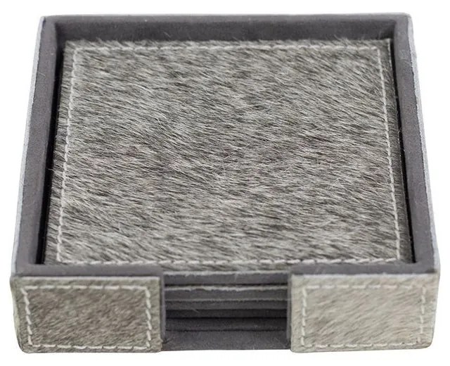 4 ks šedých hranatých podtáciek z hovädzej kože - 12 * 12 * 3cm / 10,5 * 10,5 * 0,5 cm