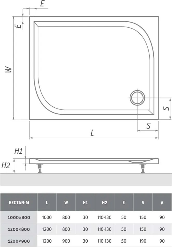 Roth Obdĺžniková sprchová vanička z liateho mramoru RECTAN-M ROTH-Variant: rozmery: 120x80 cm - (RECTAN-M 1200x800 - 8000167)