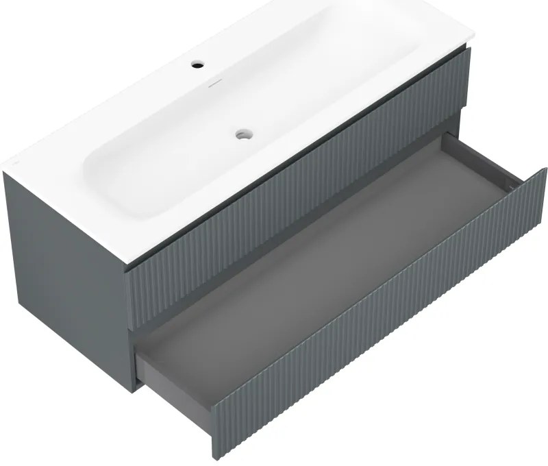 Mexen Rivel, kúpeľňová skrinka 120 cm s umývadlom Vela, 2 zásuvky, drážkovaná, grafitová matná/biela matná, 91A20-12047-2-BFF66-W23M