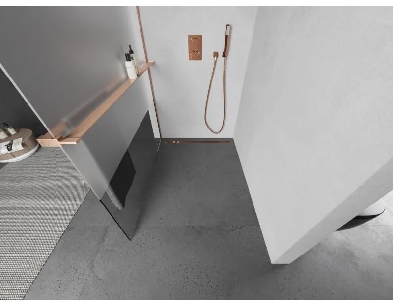 Mexen Kioto+, sprchová zástena Walk-In s poličkou a vešiakom 130 x 200 cm, 8mm číre sklo-námraza, medený matný profil, 800-130-121-65-35