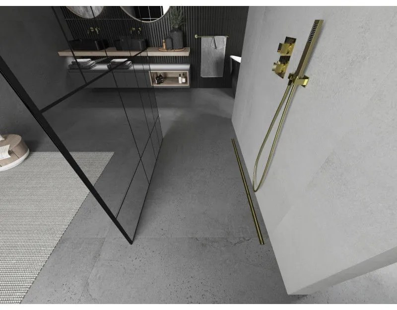 Mexen Kioto, priechodná sprchová zástena 140 x 200 cm, 8mm sklo číre/čierny vzor, 2x zlatá stabilizačná rozpera, 800-140-002-50-78