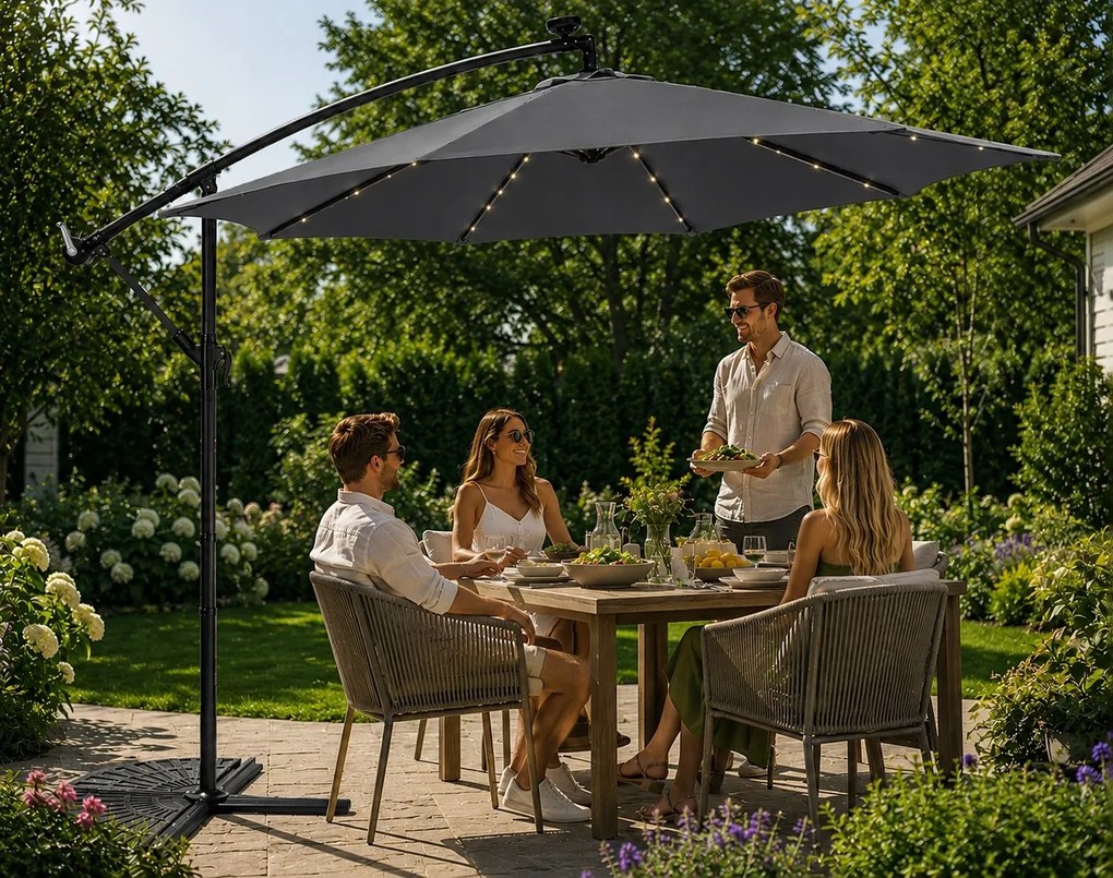 Ekspand Záhradný LED slnečník s bočným ramenom 300 cm sivý