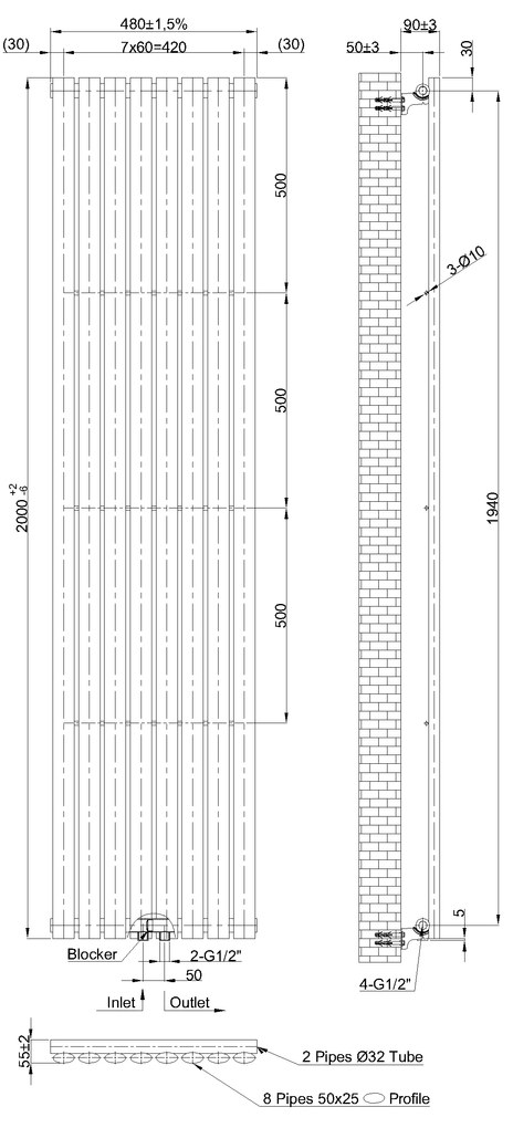Invena Mono, vykurovacie teleso 2000x480mm, 841W, 1x8 rebier, biela matná, INV-UG-10-B20-A