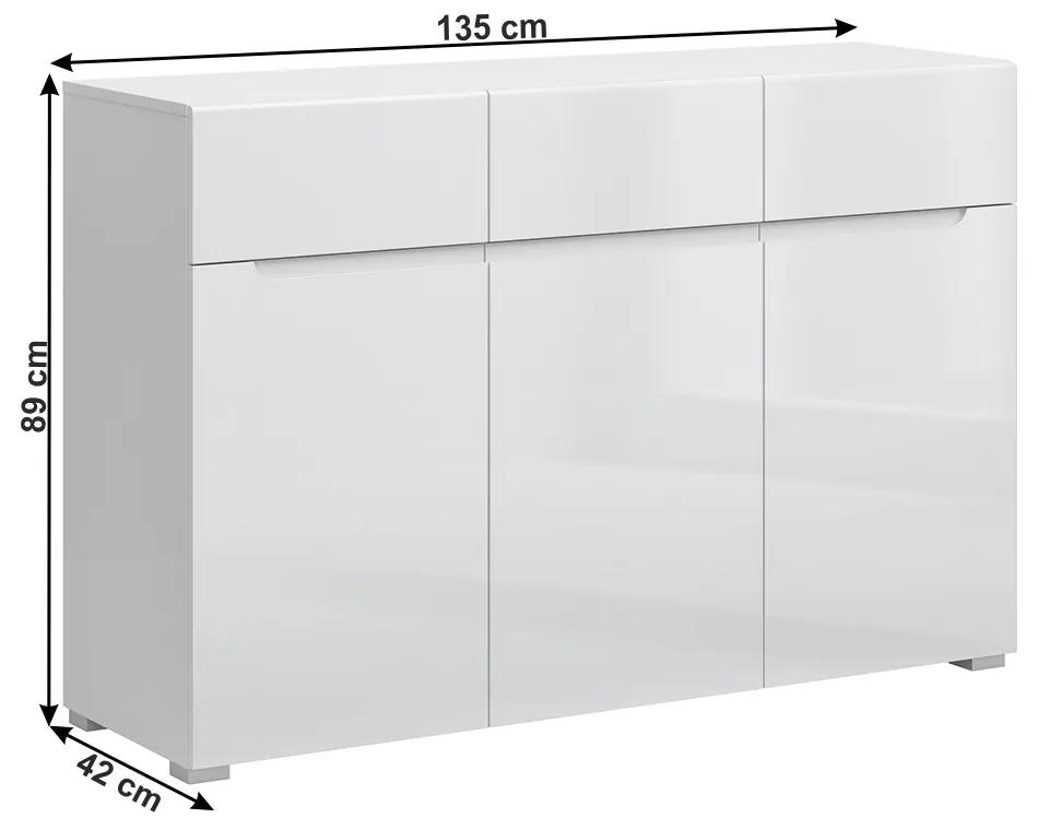Trojdverová komoda so zásuvkami Jolk 3D3S - biela / biely lesk
