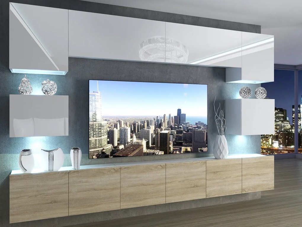 Obývacia stena 300 cm Belini biely lesk / dub sonoma Imperium3 IMP 3/5/W/WDS/0/0