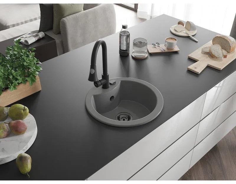 Mexen Diego, 1-komorový granitový drez 488x488x167 mm a drezová batéria Elia, šedá, 6512-71-670101-70-B