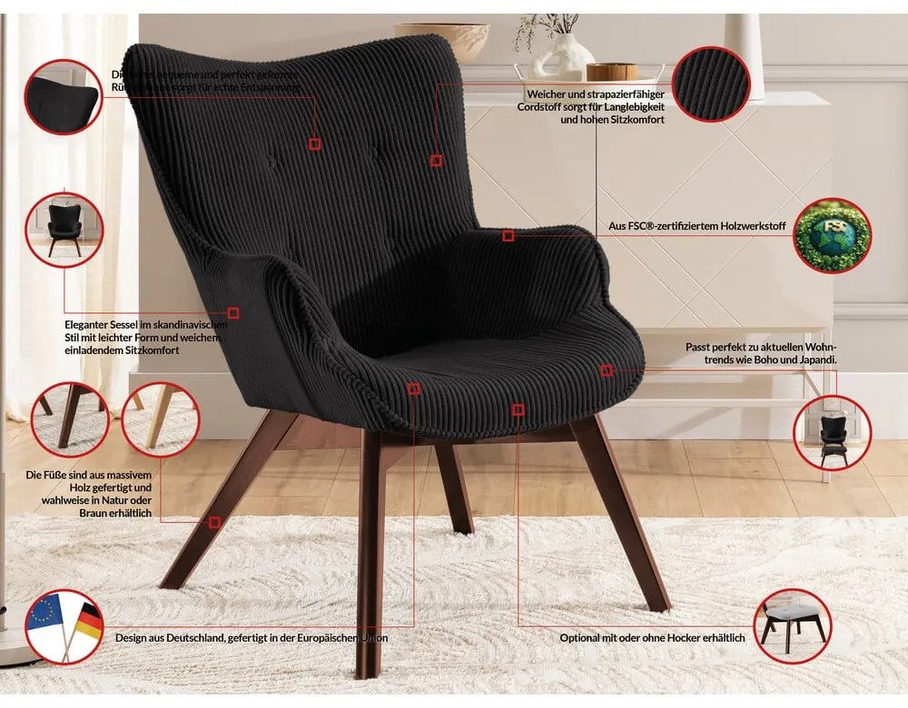 Čierne menčestrové kreslo Niko – Ropez