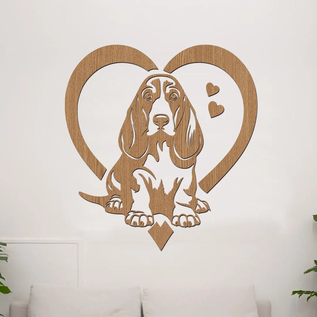 dřevo života Drevená samolepka psa Basset hound v srdci Rozmery - cm: 37x40, Zvoľte farbu dekoru: Antracitová