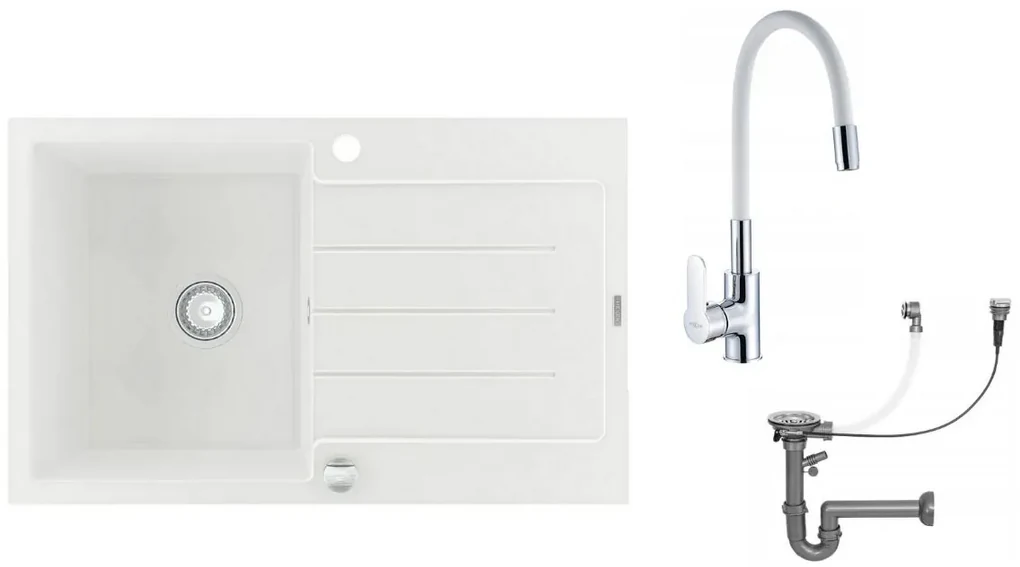 Mexen Bruno - drez granitový 79,5x49,5cm + batéria Flex, 1-komorový, biela, 6513791010-20-Flex