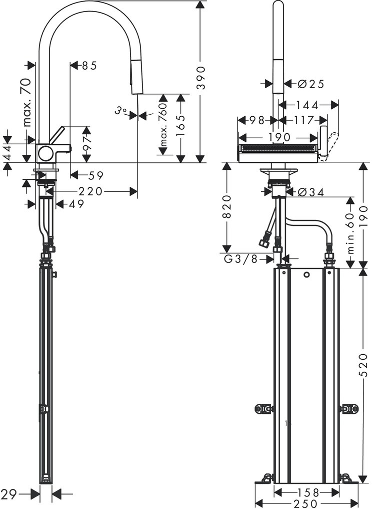 Hansgrohe Aquno Select M81, páková kuchynská batéria 170, vyťahovateľná sprška, 3jet, sBox, čierna matná, HAN-73831670