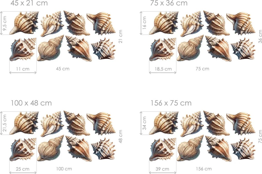 Mušle sada textilní prelepiteľné nálepky na stenu list 45 x 21 cm