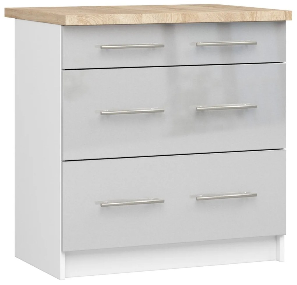 Kuchynská skrinka Olivie S 80 cm 3S biela/metalický lesk/dub sonoma